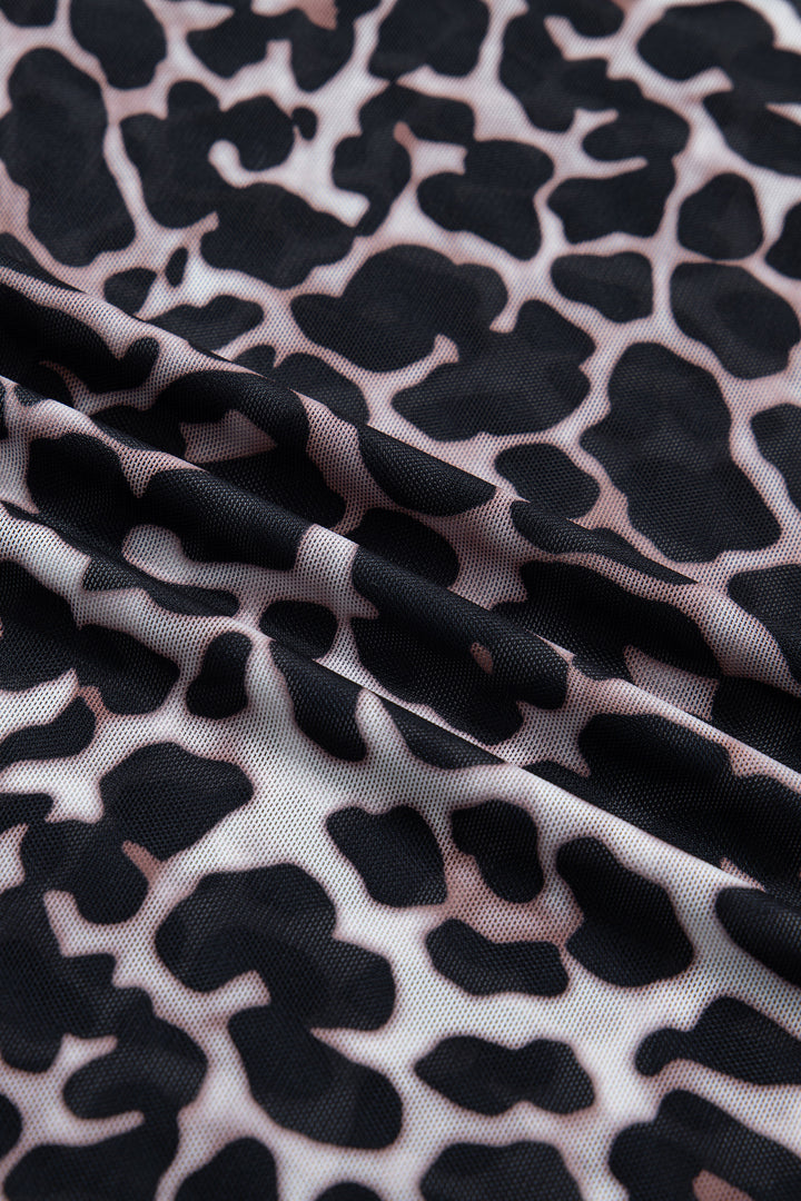 Khaki Leopard Print Sheer Mesh Short Sleeve Top