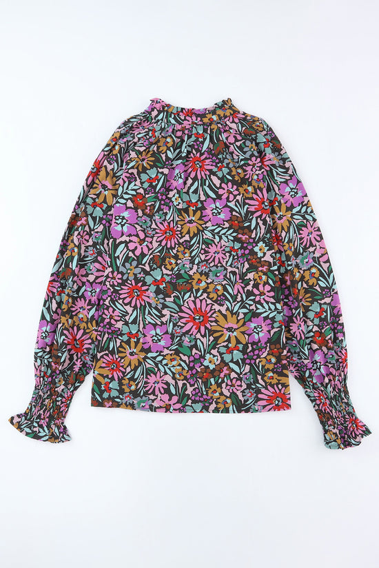 Multicolor Floral Print Ruffled Long Sleeve V-Neck Blouse | Women