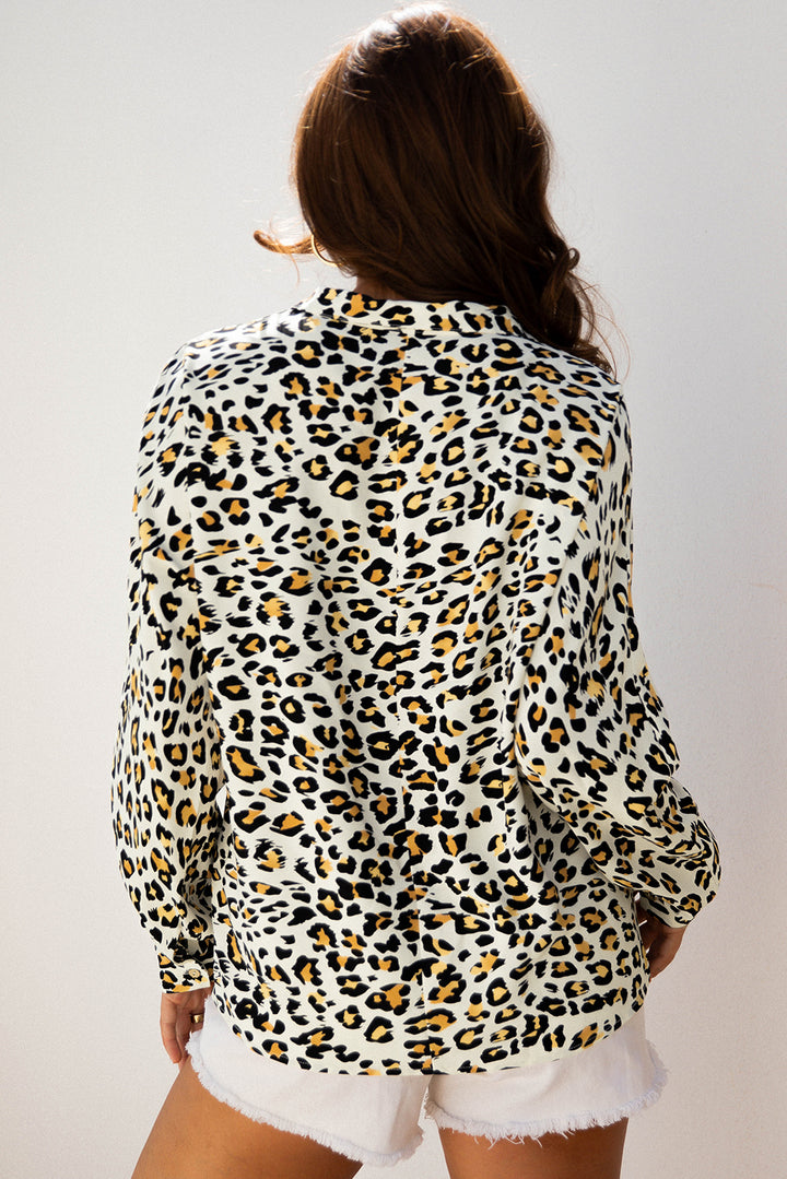 Khaki Leopard Print Contrast Striped V Neck Blouse