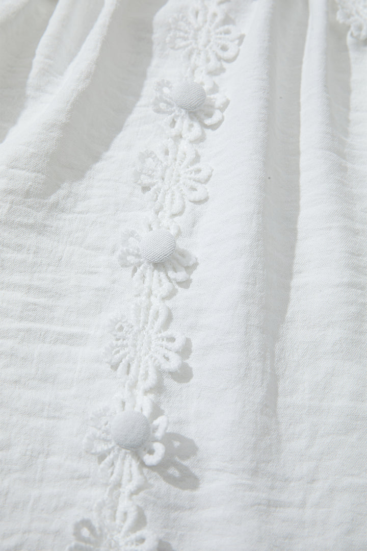 White Solid Color Floral Guipure Lace Patchwork Frilled Long Sleeve Blouse
