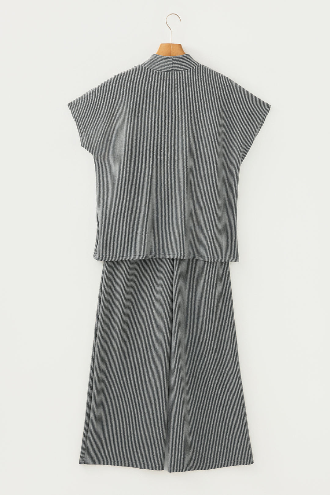 Dark Grey Twisted Ribbed High Neck Loose Tee Elastic High Waist Loose Pant Set
