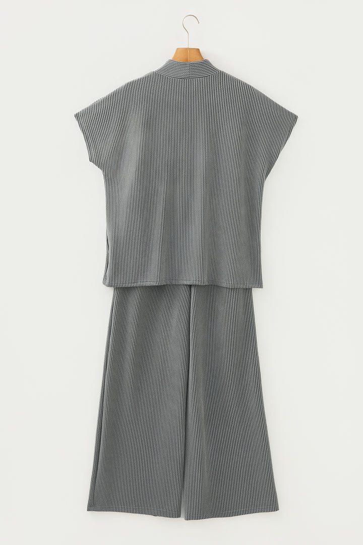 Dark Grey Twisted Ribbed High Neck Loose Tee Elastic High Waist Loose Pant Set