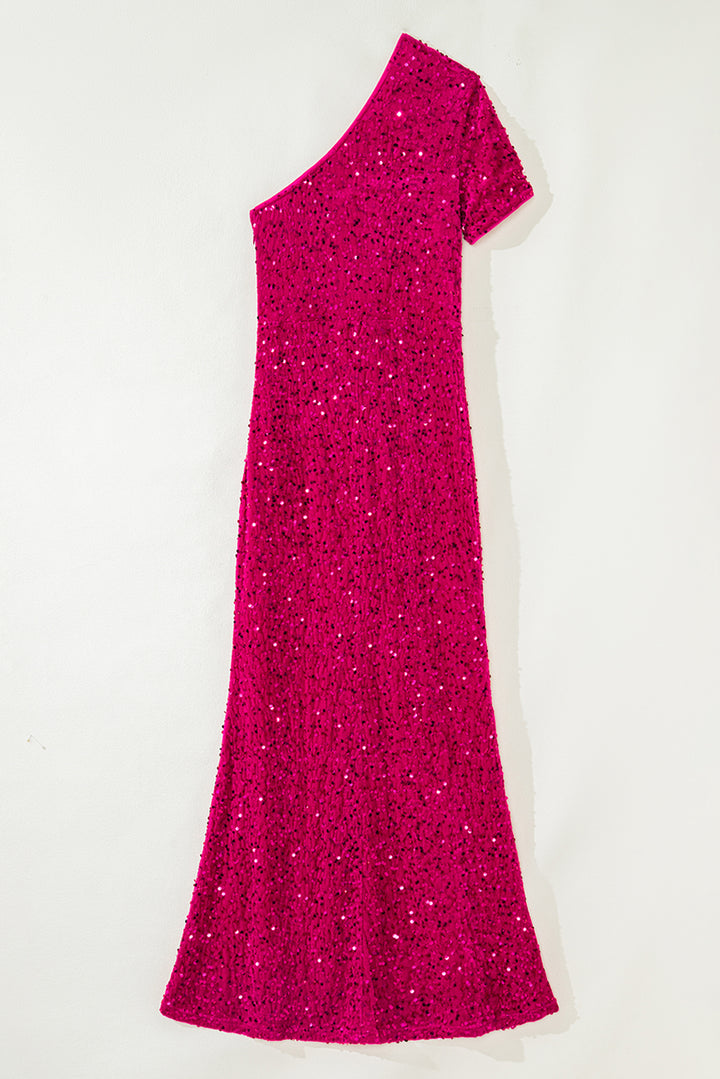 Pitaya Pink One Shoulder Thigh High Split Bodycon Sequin Gown