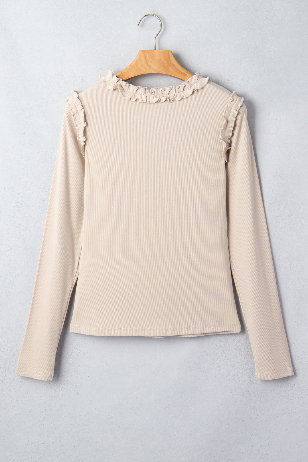 Beige Solid Color Round Neck Frill Detail Long Sleeve Top