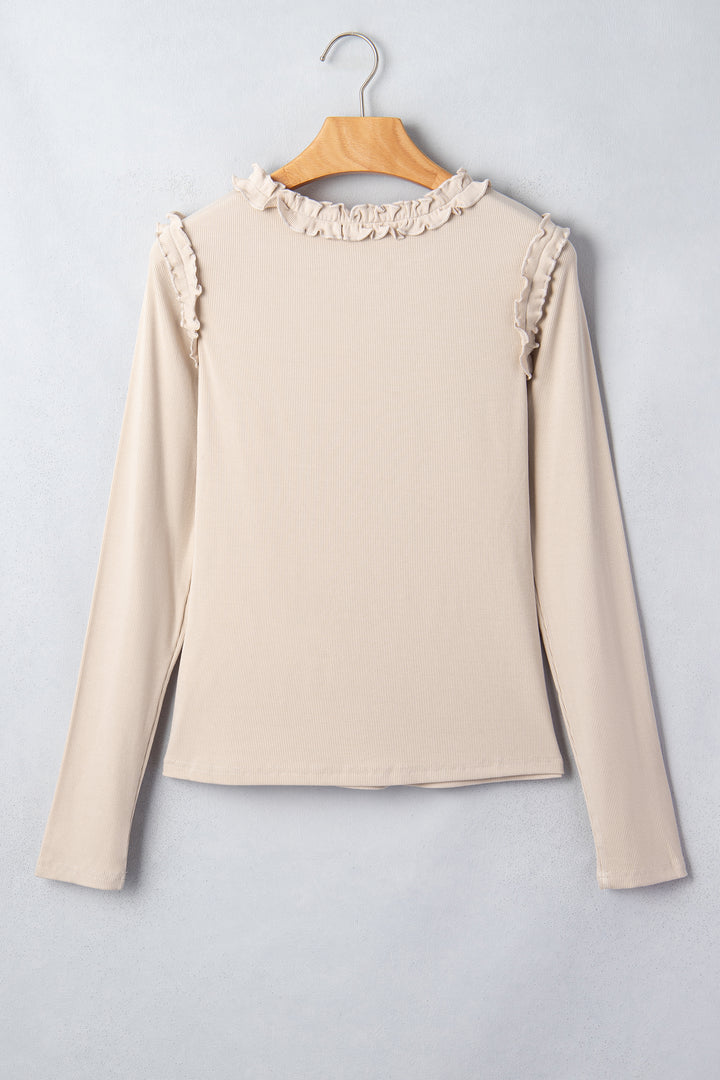 Beige Solid Color Round Neck Frill Detail Long Sleeve Top