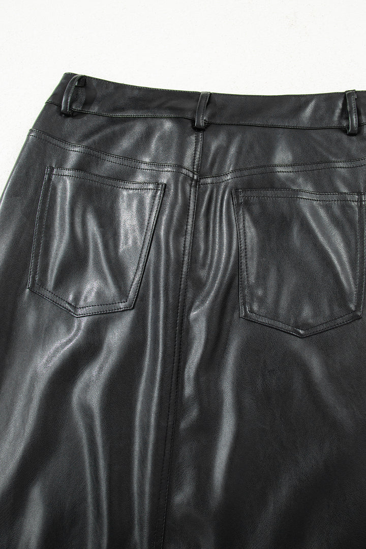 Black Faux Leather Side Slit Maxi Skirt