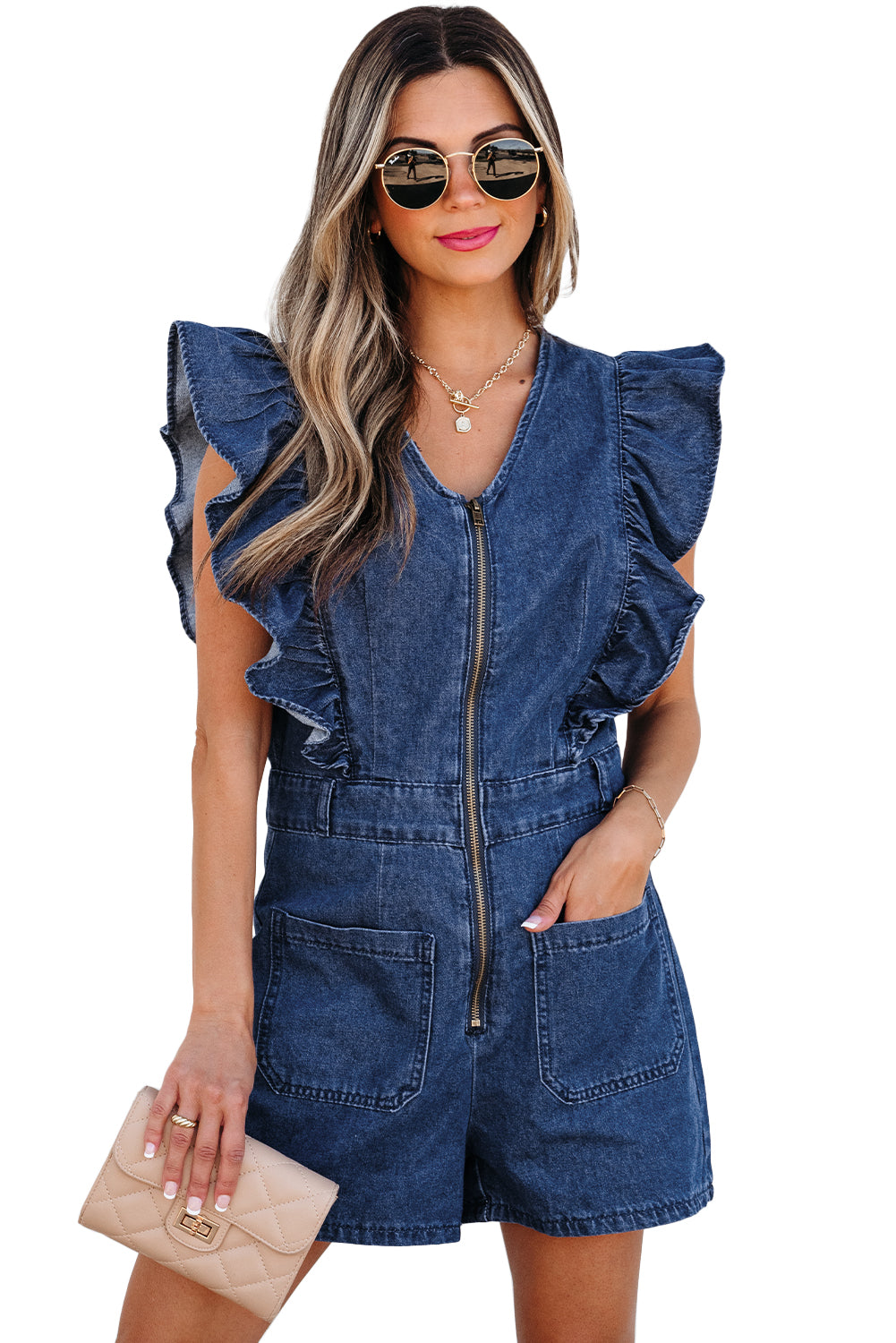 Sail Blue Denim Ruffled Zipped Front Belted Romper