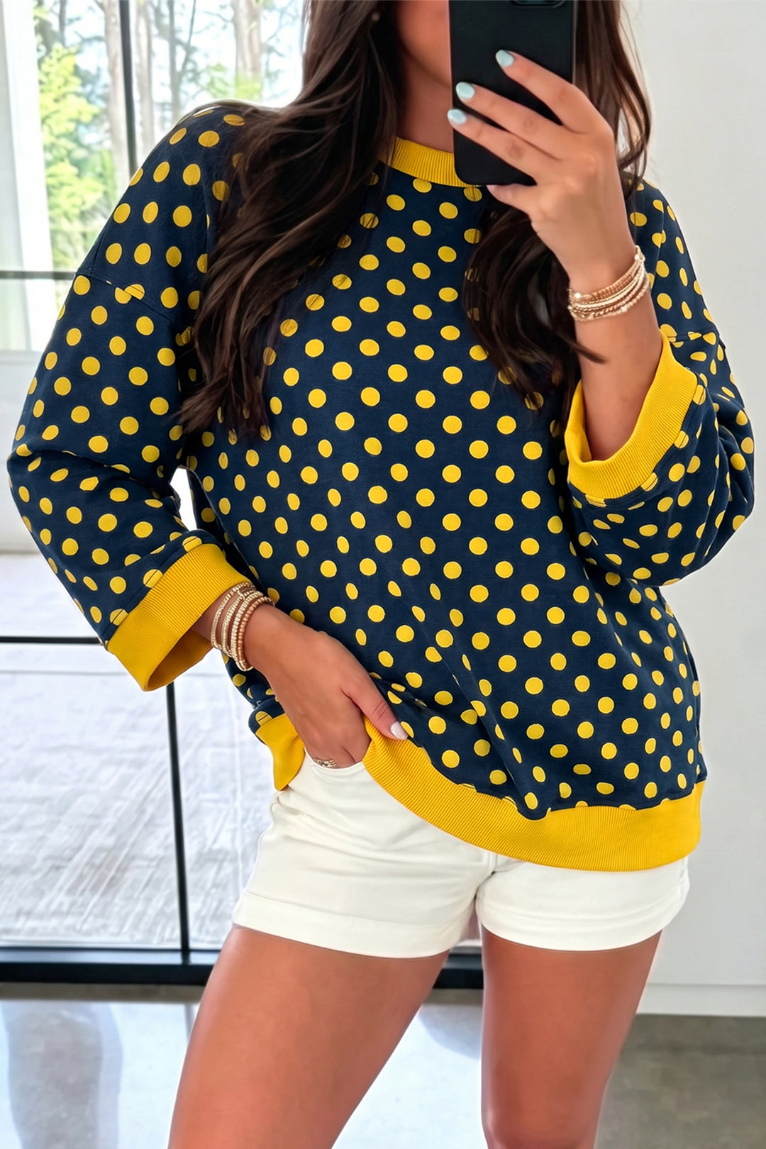 Green Polka Dot Print Contrast Trim Round Neck Bracelet Sleeve Top