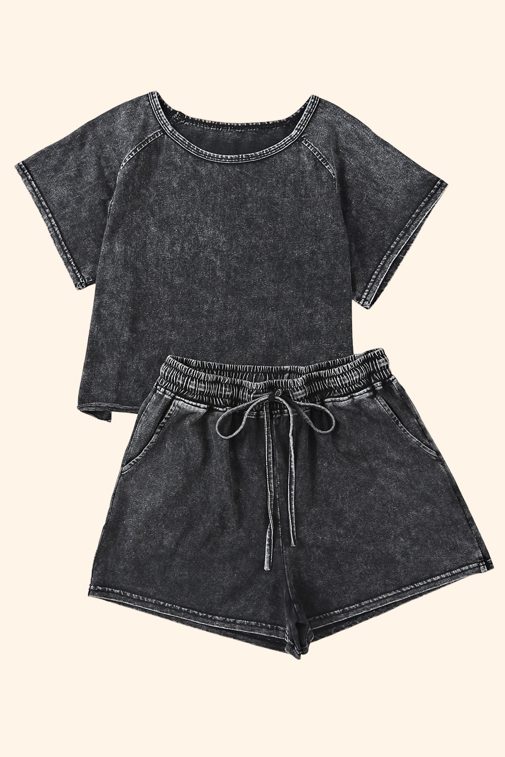 Black Acid Washed Short Lounge Set | Women