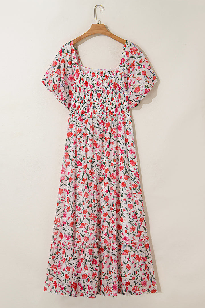 Pink Plus Size Floral Square Neck Puff Sleeve Ruffle Maxi Dress