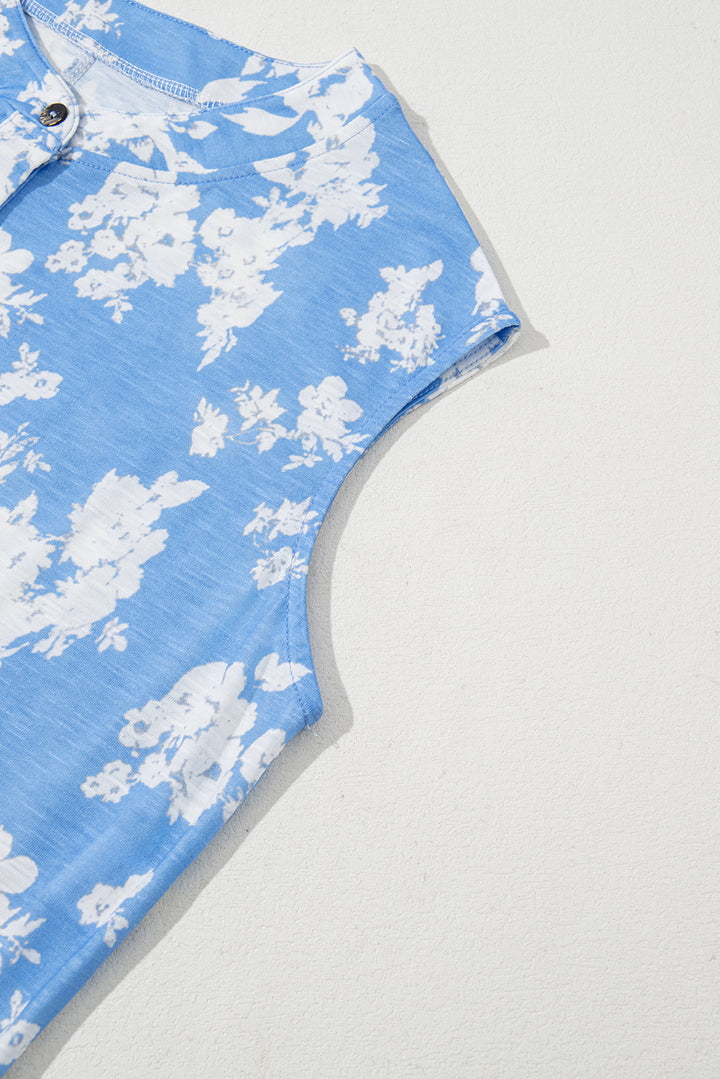 Myosotis Floral Print Half Button Wide Leg Relaxed Sleeveless Jumpsuit