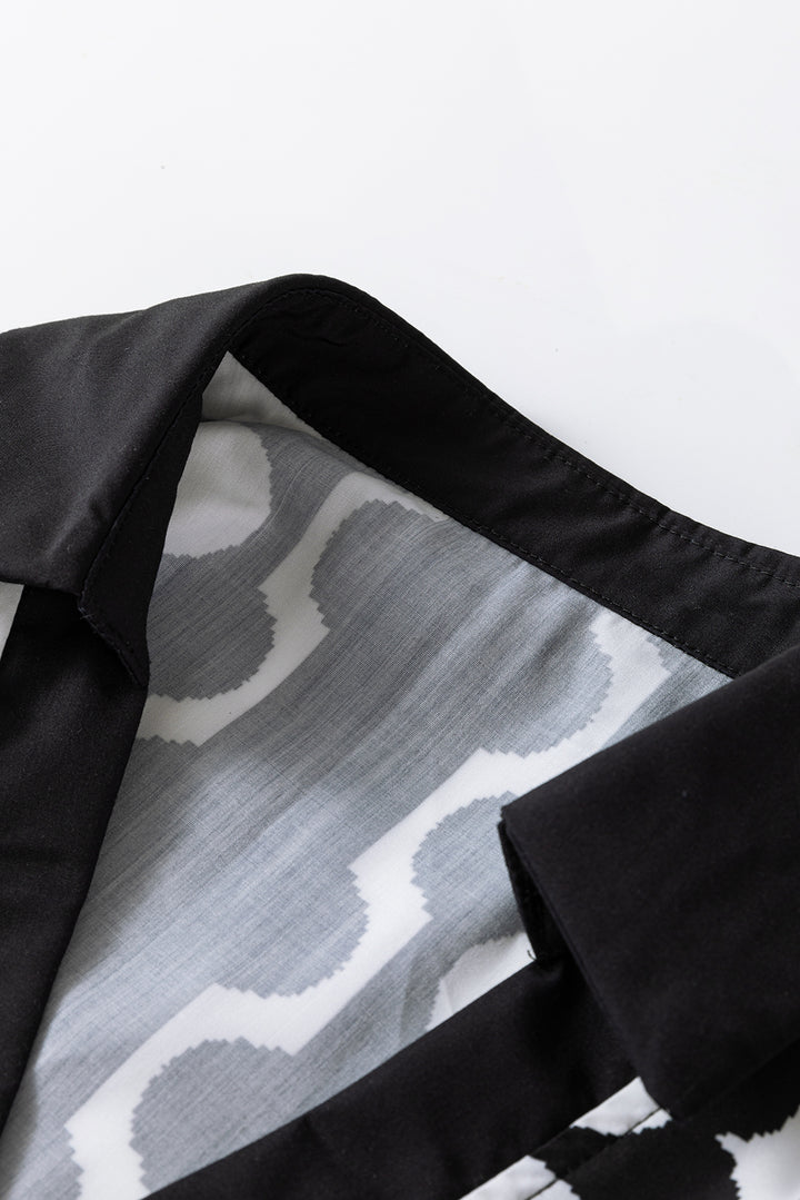 Black Polka Dot Floral Printed V Neck Long Sleeve Shift Mini Dress