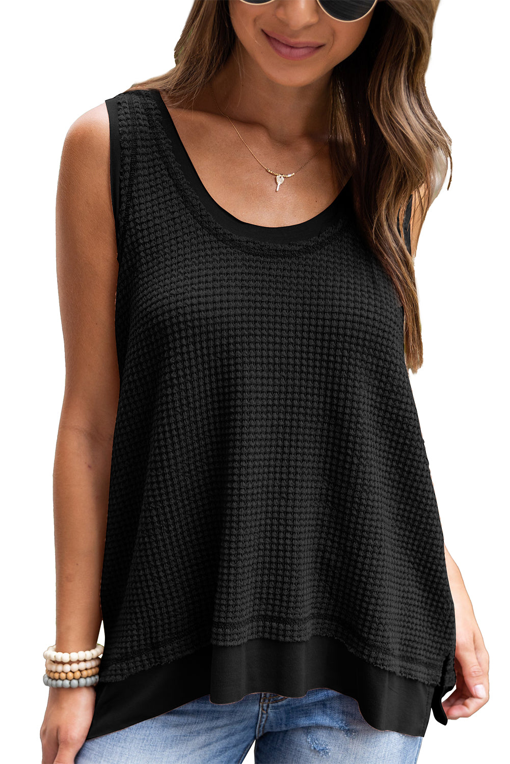 Black Scoop Neck Waffle Knit Flowy Vest | Women