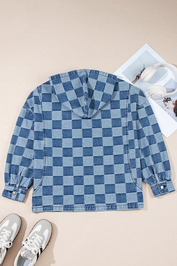 Sky Blue Checkerboard Oversized Zipped Neck Kangaroo Pocket Denim Hoodie