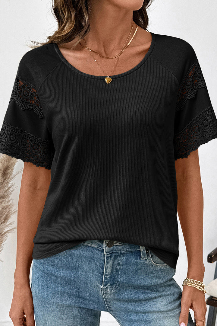 Black Ribbed Lace Patchwork Short Sleeve Top