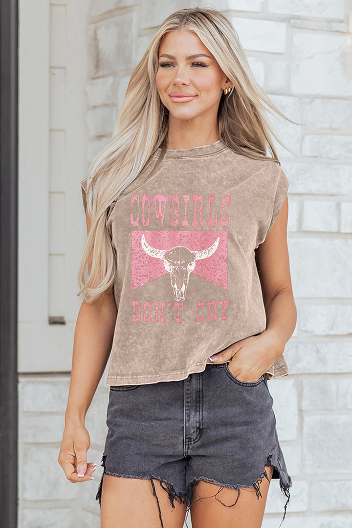 Smoke Gray COWGIRLS DONT CRY Western Graphic Mineral Wash Tank Top