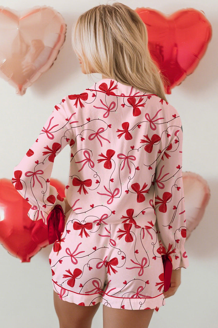 Red Bow Print Valentine Long Sleeve Shirt Shorts 2 Pcs Pajama Set