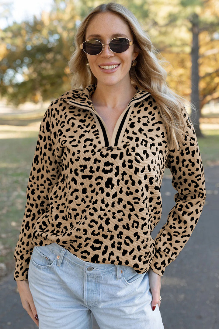Parchment Leopard Polo Collar V Neck Pullover Top