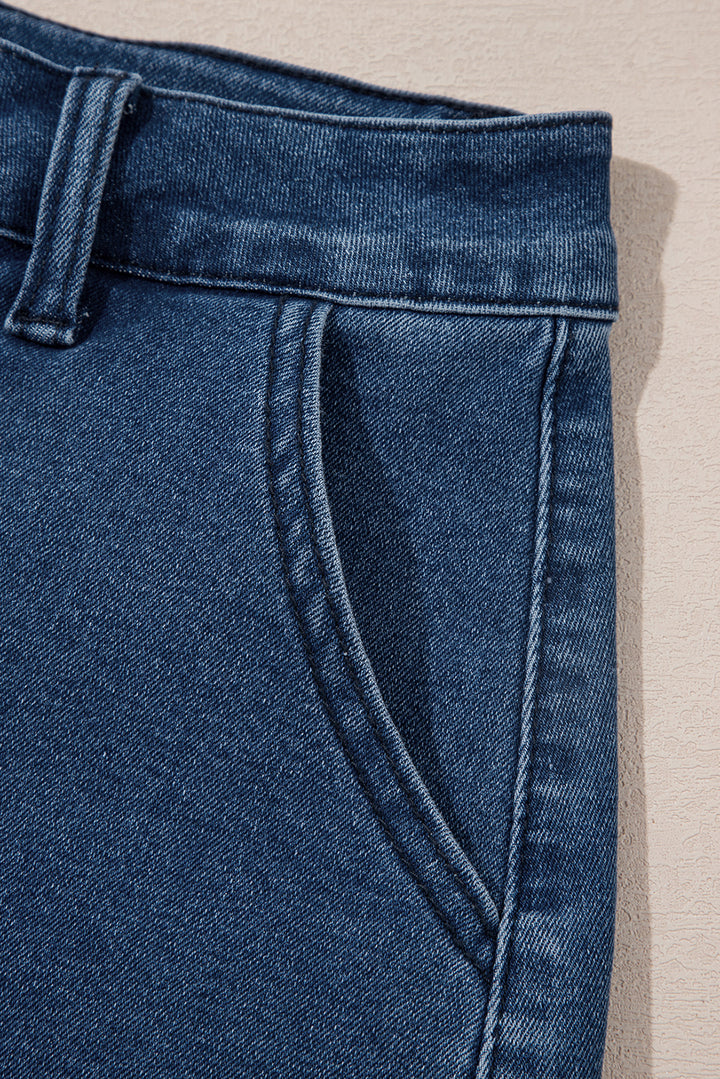 Sail Blue Scalloped Hemline Acid Wash High Waist Denim Shorts