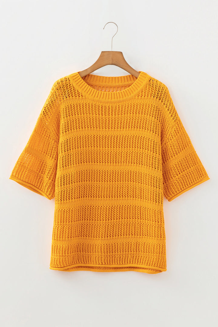 Mustard Hollow out Openwork Knit 3/4 Sleeve Sweater