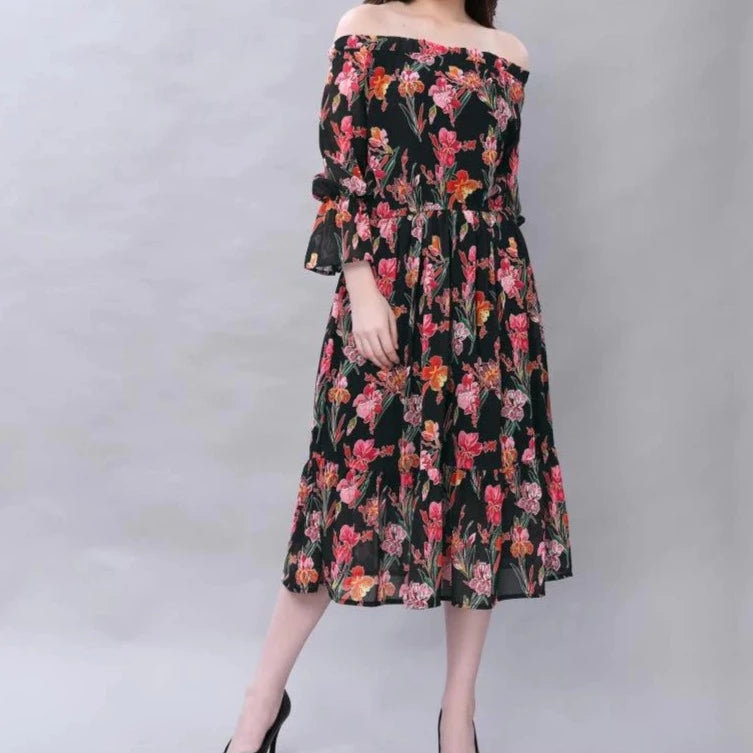 floral black and red print polyester dress