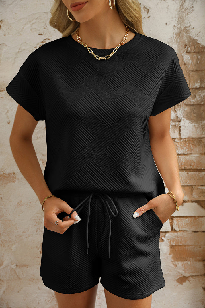 Navy Blue Textured Short Sleeve Top and Shorts Set
