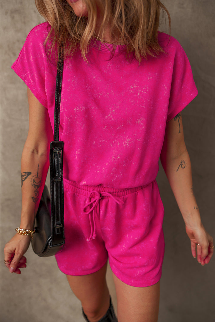 Sea Green Mineral Wash Drawstring Waist Hollow Out Back Short Sleeve Romper