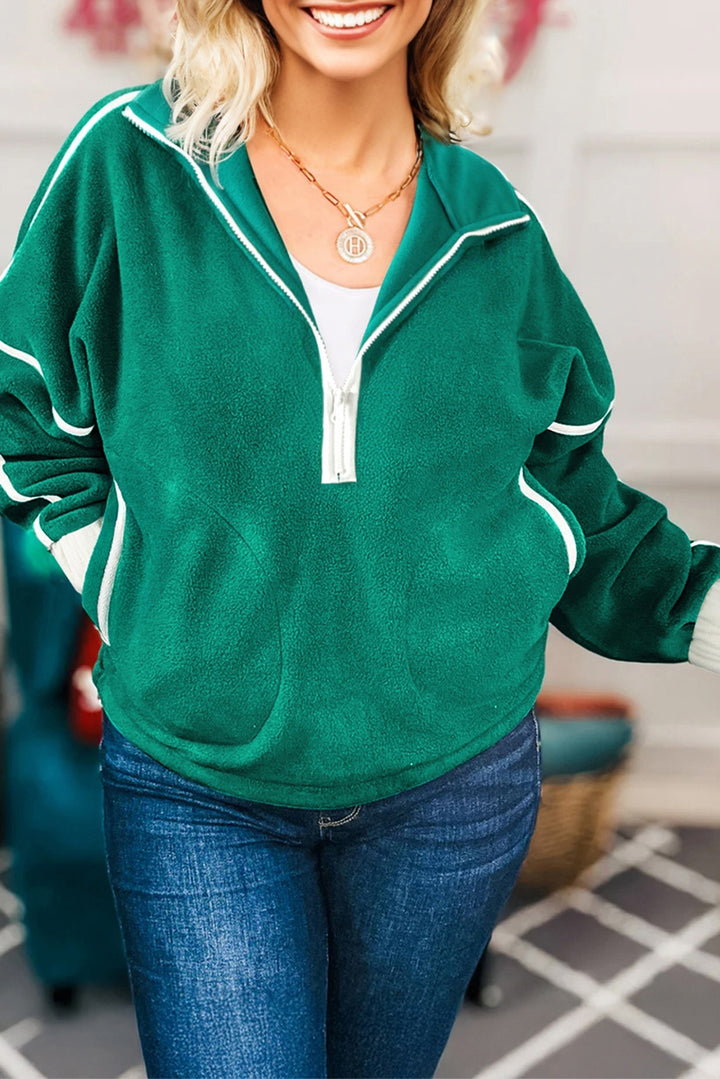Dark Green Half Zip Contrast Trim Pocketed Plus Size Fleece Sweatshirt