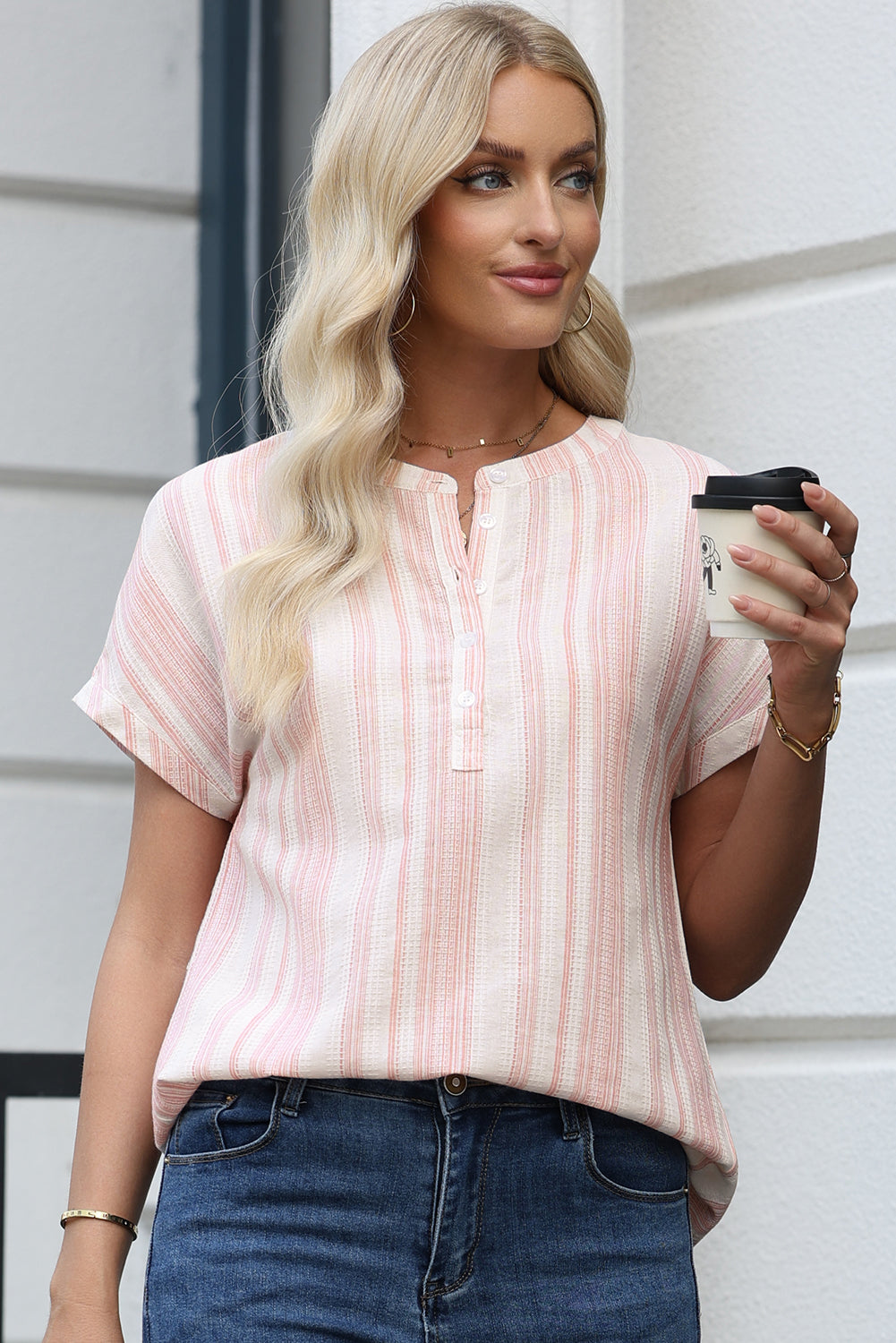 Fiery Red Breathable Gauze Half Button Short Sleeve Casual Blouse