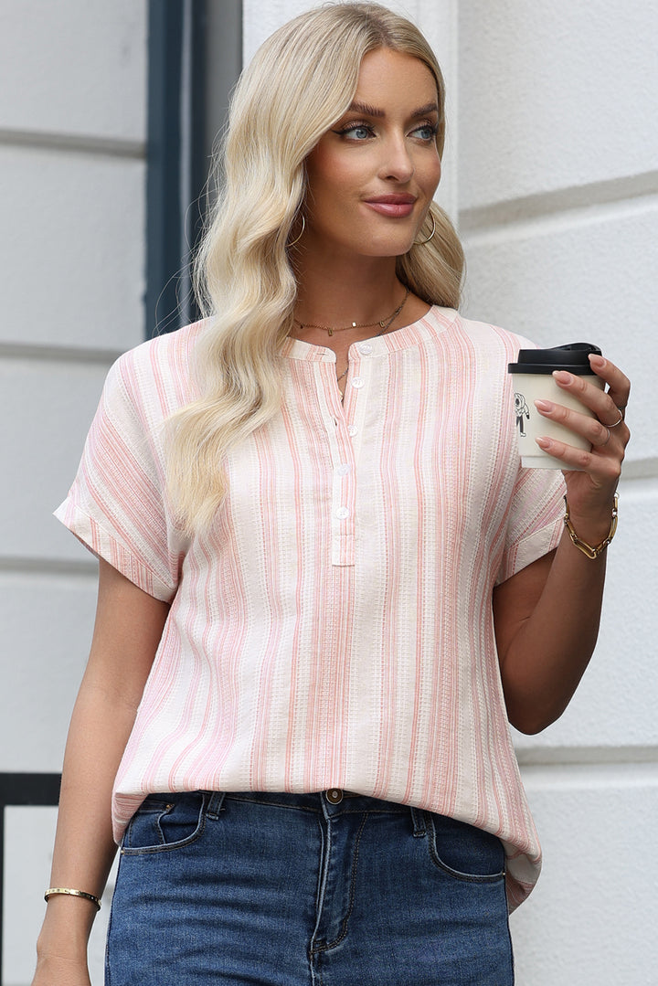 Fiery Red Breathable Gauze Half Button Short Sleeve Casual Blouse