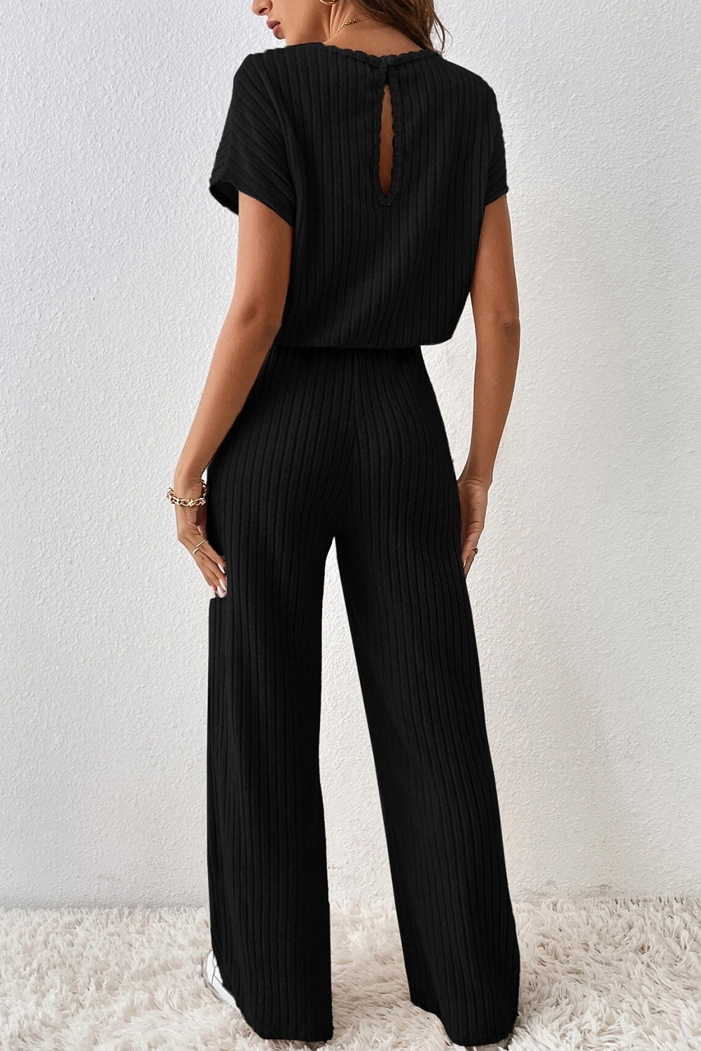 Black Solid Color Ribbed Short Sleeve Wide Leg Jumpsuit | Women