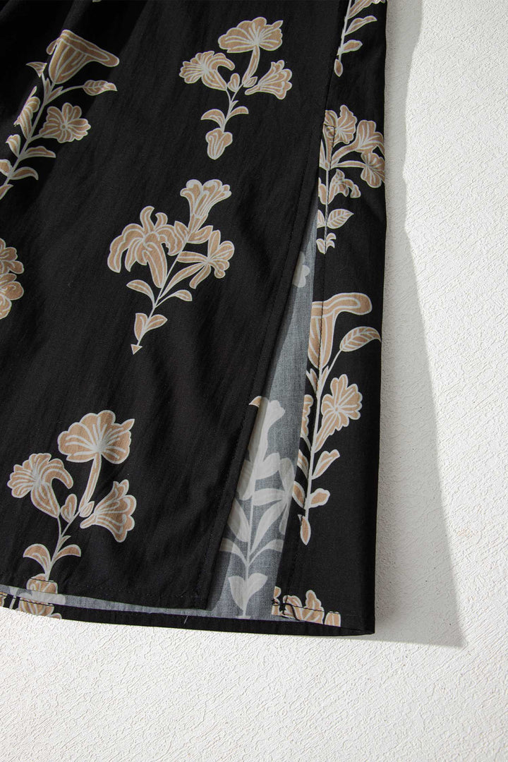 Black Floral Print Frilled Collar Short Puff Sleeve Maxi Dress