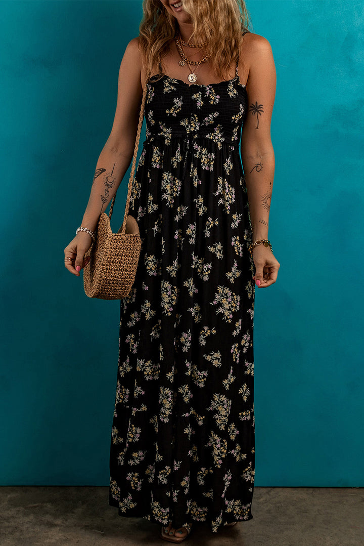 Black Floral Spaghetti Strap Shirred Bodice Tied Empire Waist Maxi Dress