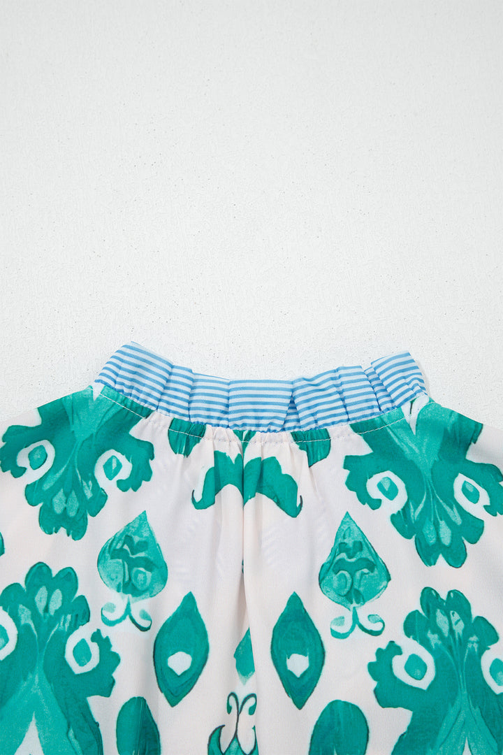 Sky Blue Ethnic Print Striped Trim Flutter Sleeve Top