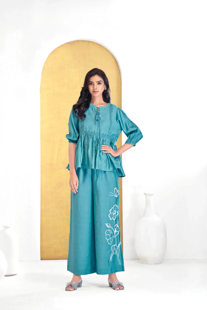 Ice Blue Floral Print Cotton Coord Set