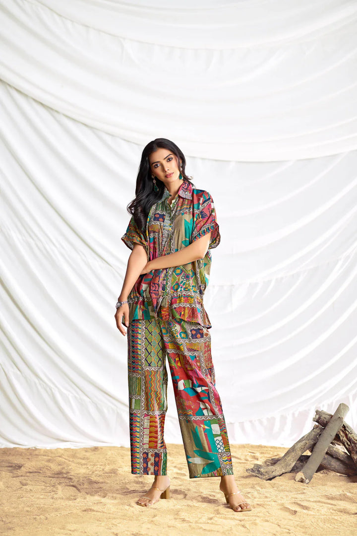 Beige Collered Neck Printed Chanderi Co-Ord Set