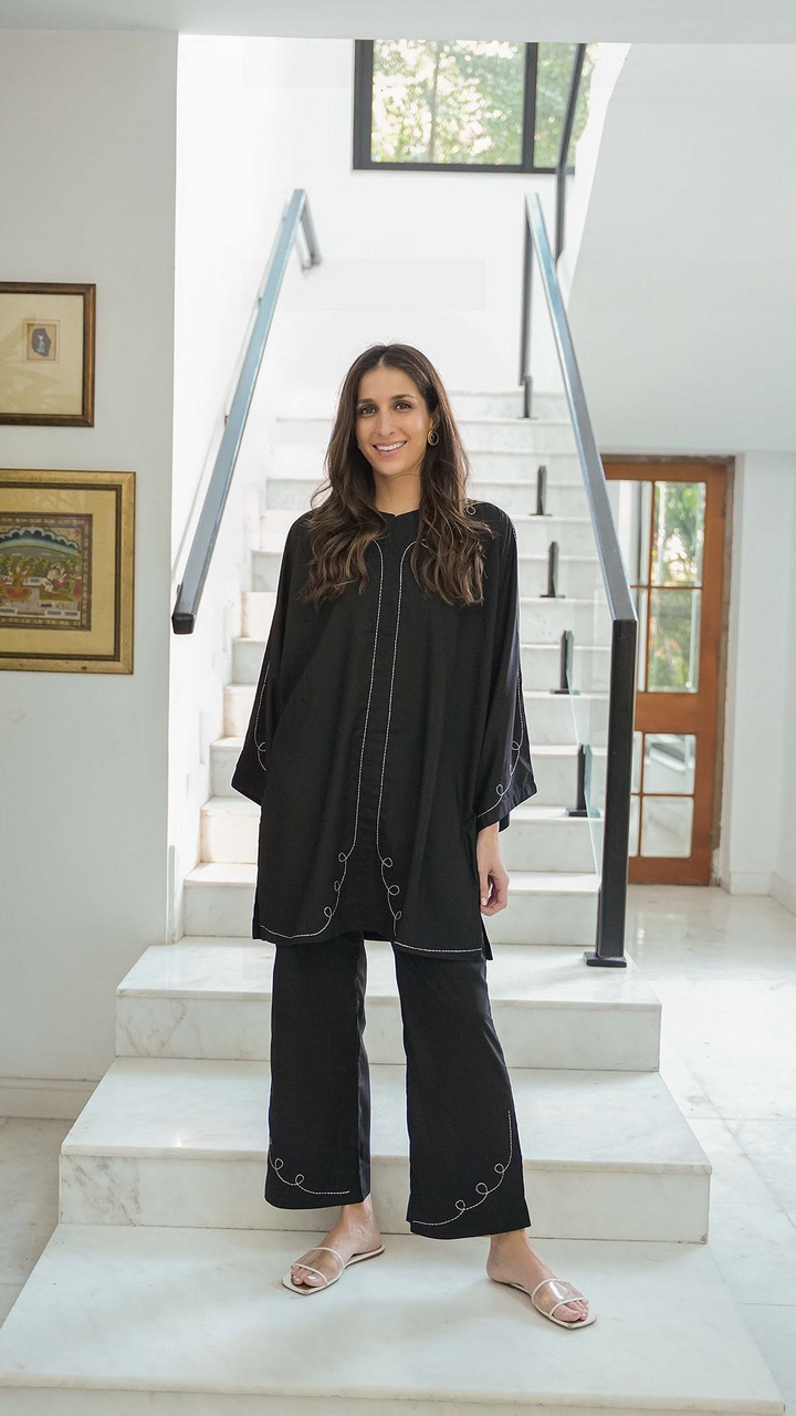 Embroidery Black Italian Cotton Viscose Blend Co-Ord Set