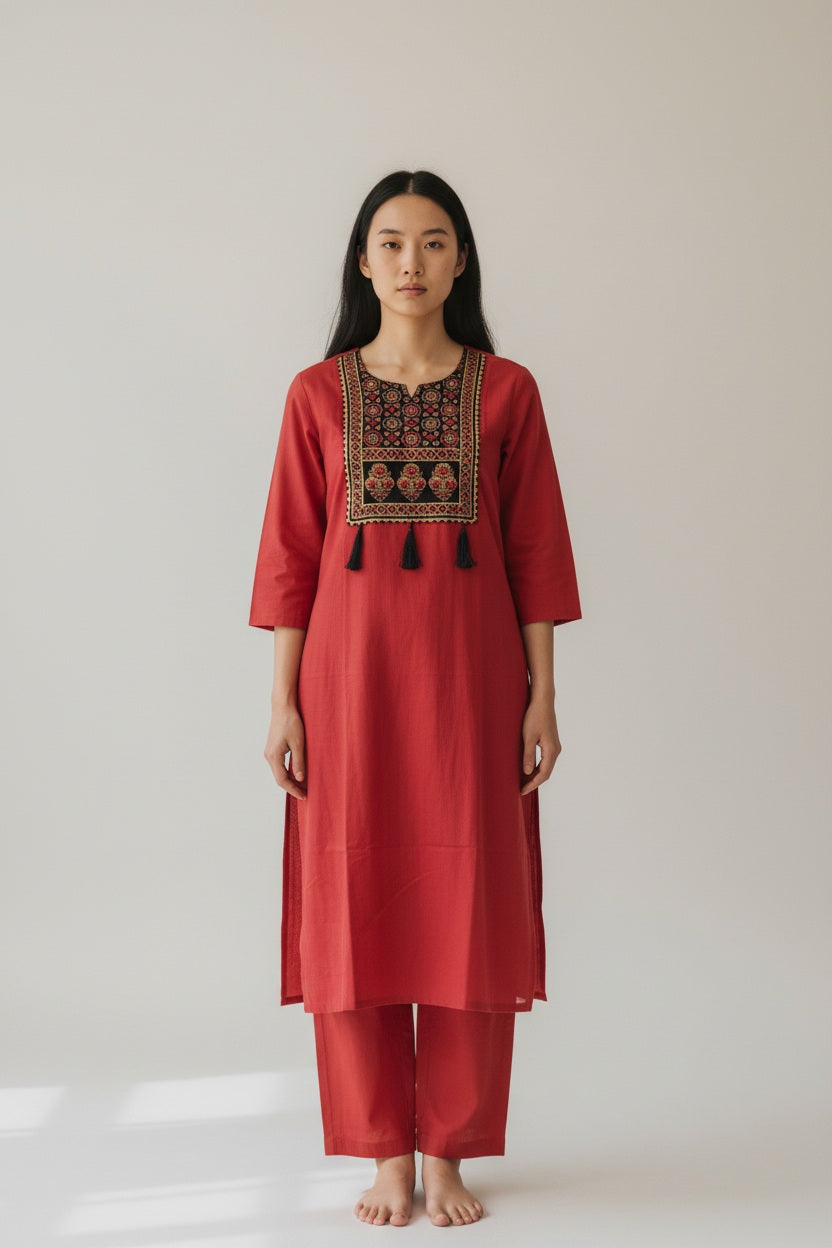 Embroidered Yoke Red Kurta Set with Straight Pants