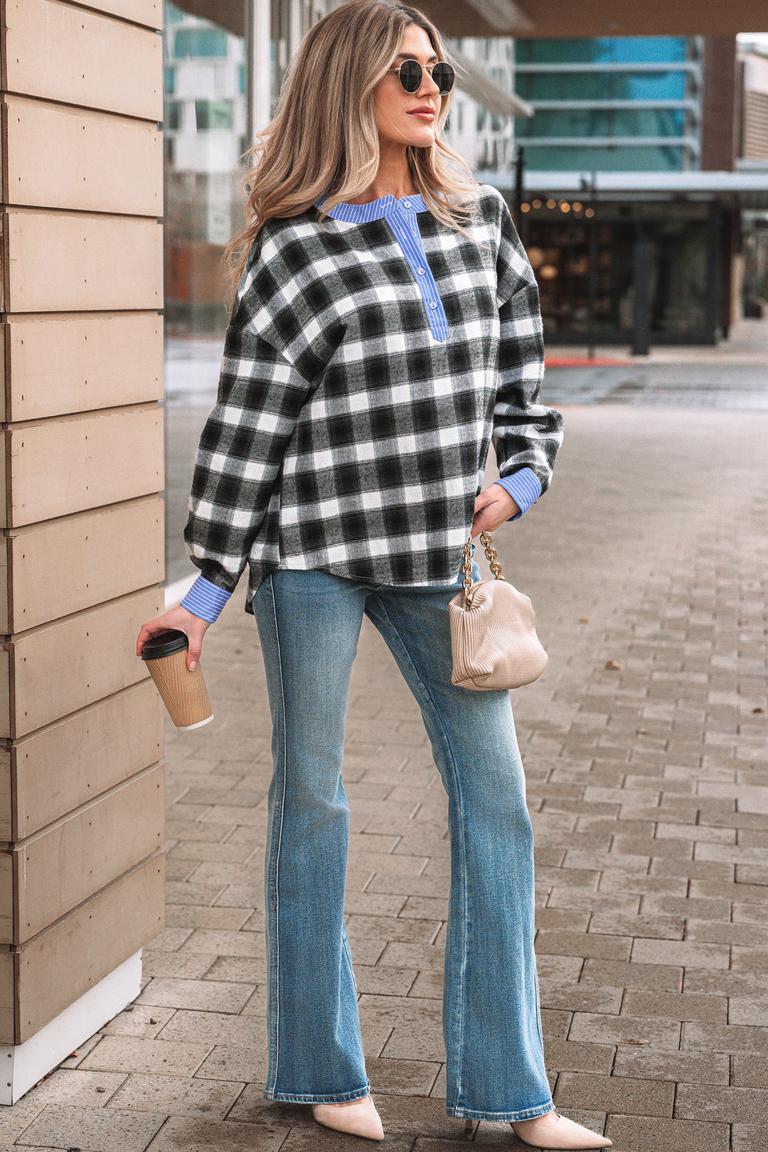 Black Contrast Striped Edge Half Placket Plaid Blouse