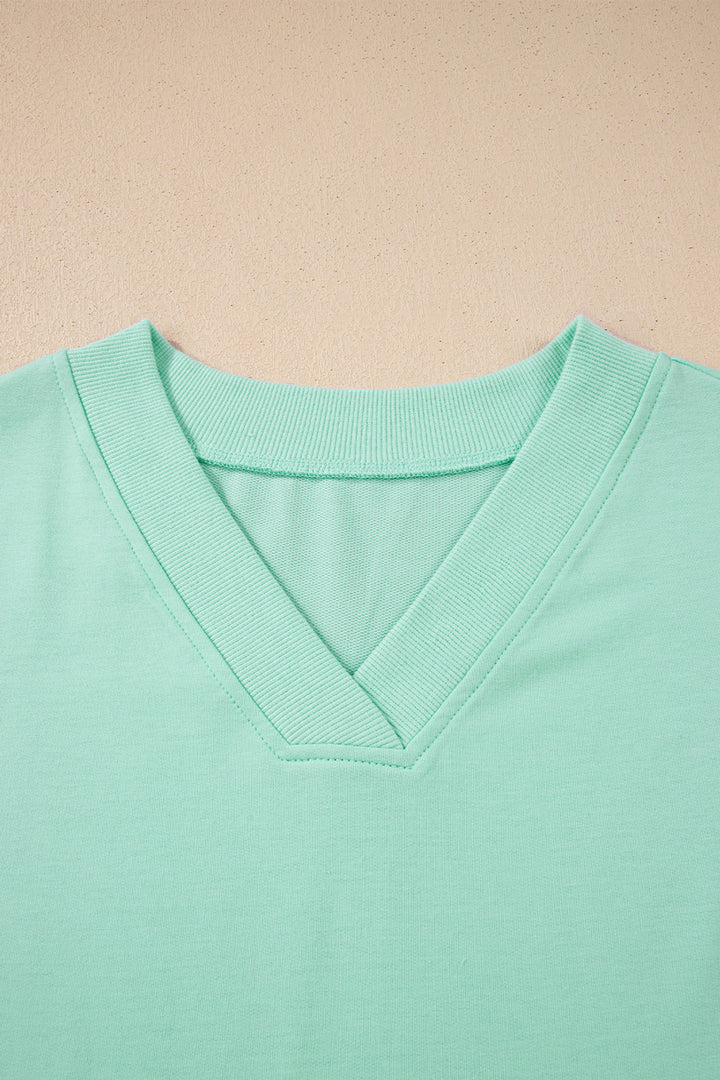 Mint Green Solid Color V Neck Tee Drawstring Pant Set