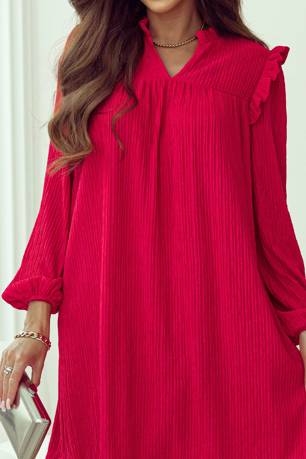 Fiery Red Textured Ruffled Trim V Neck Loose Fit Mini Dress