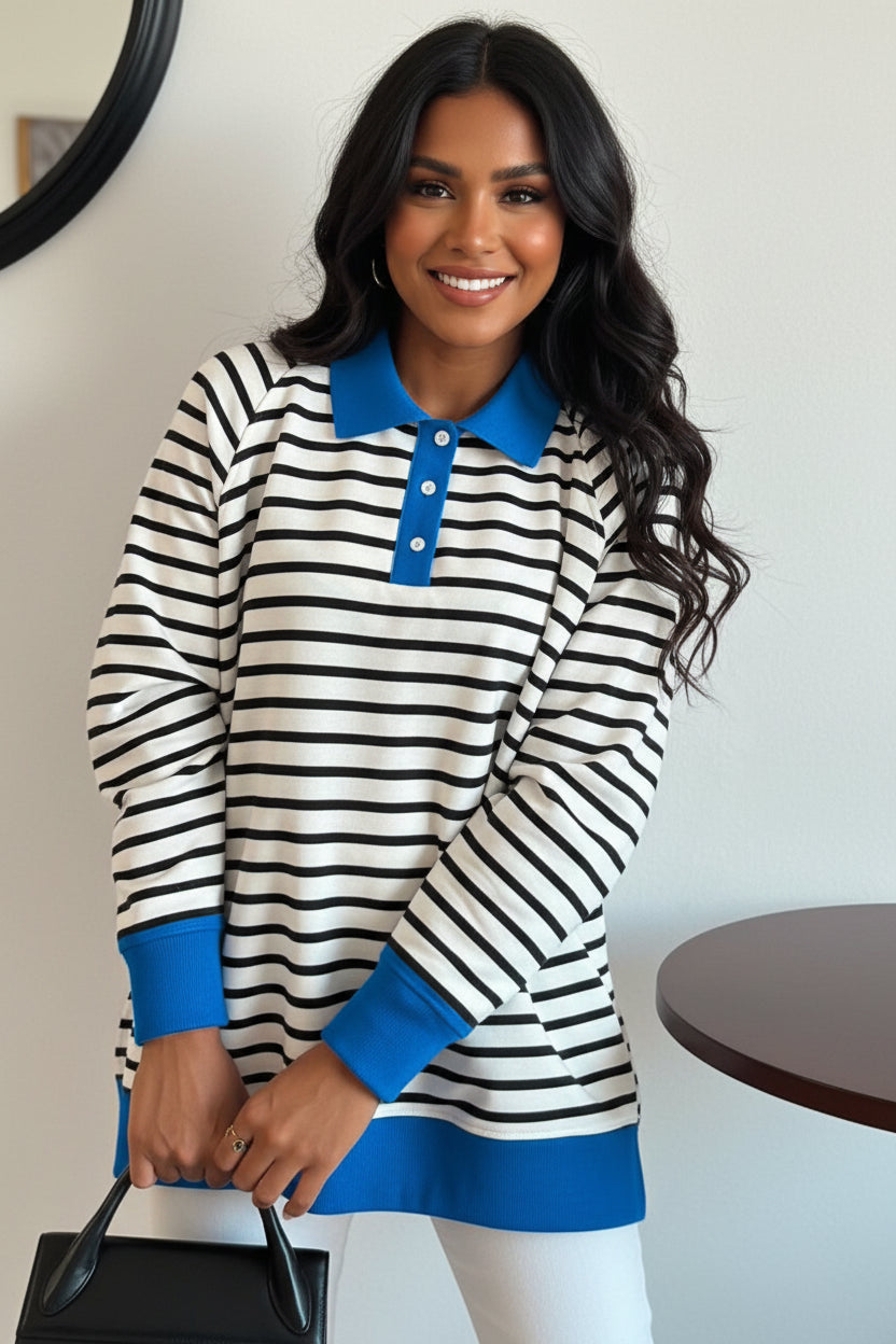 Black Stripe Color Block Patchwork Button Polo Collar Side Slit Sweatshirt