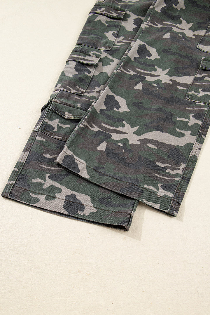 Green Camo Denim Cargo Wide Leg Pants
