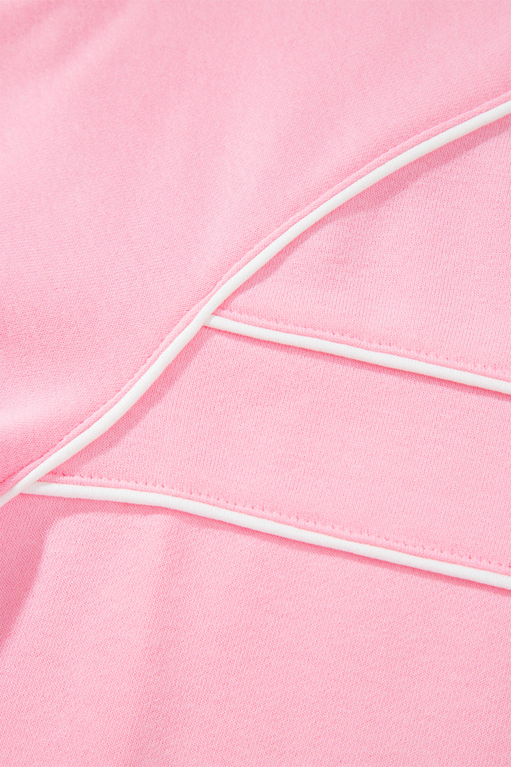 Pink Piping Trim Long Sporty Pullover Drawstring Elastic Waist Shorts Set