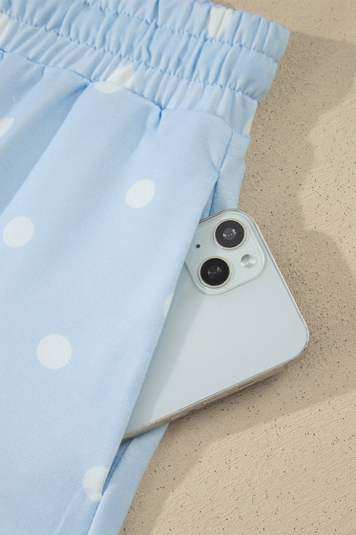 Sky Blue Exposed Seam Detail Polka Dot Loose Tee Drawstring Shorts Set