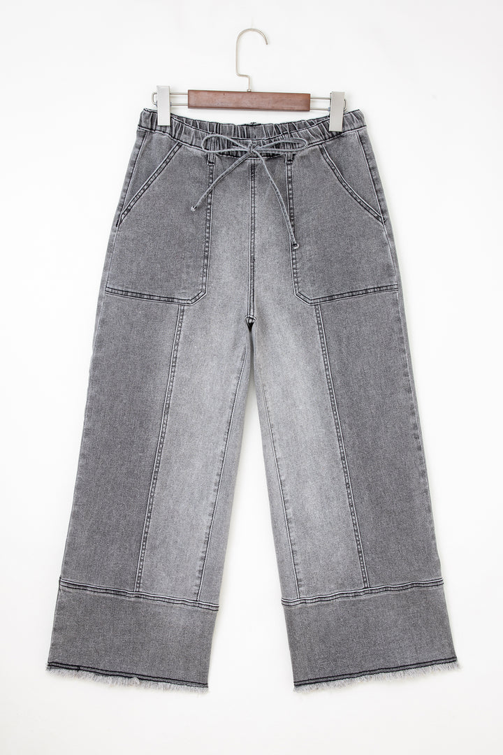 Gray Drawstring Seam Detail Raw Hem Wide Leg Denim Pants