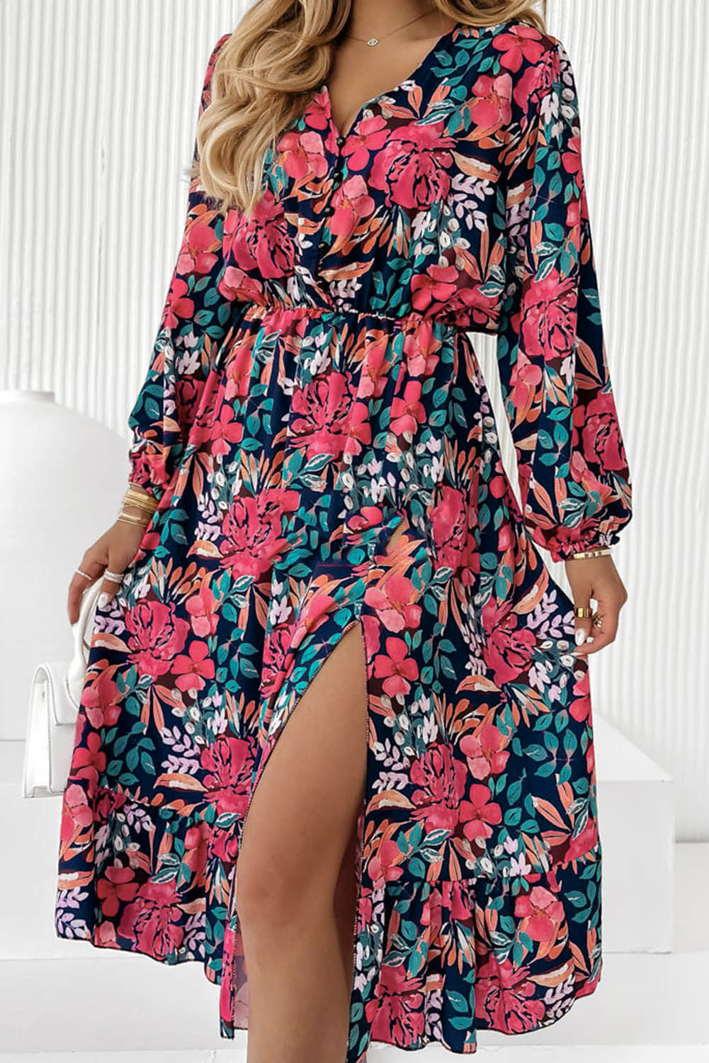 Fiery Red V Neck Elastic High Waist Split Floral Dress | Women