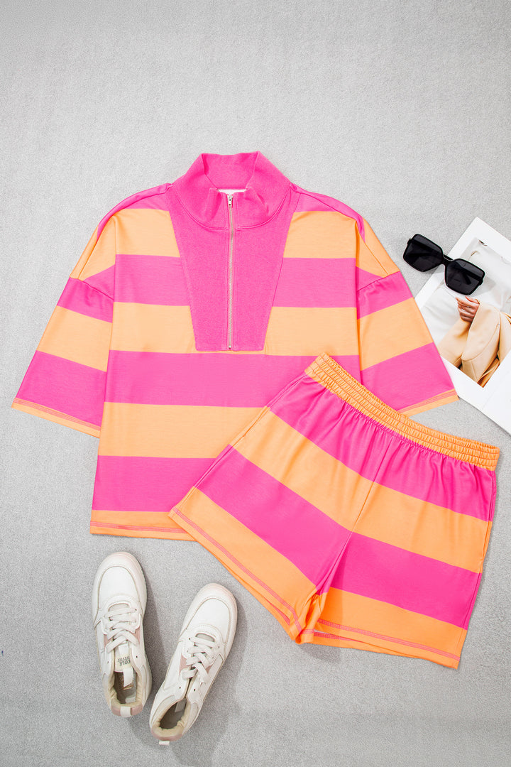 Yellow Stripe Seam Detail Half Zip Tee Casual Shorts 2pcs Set