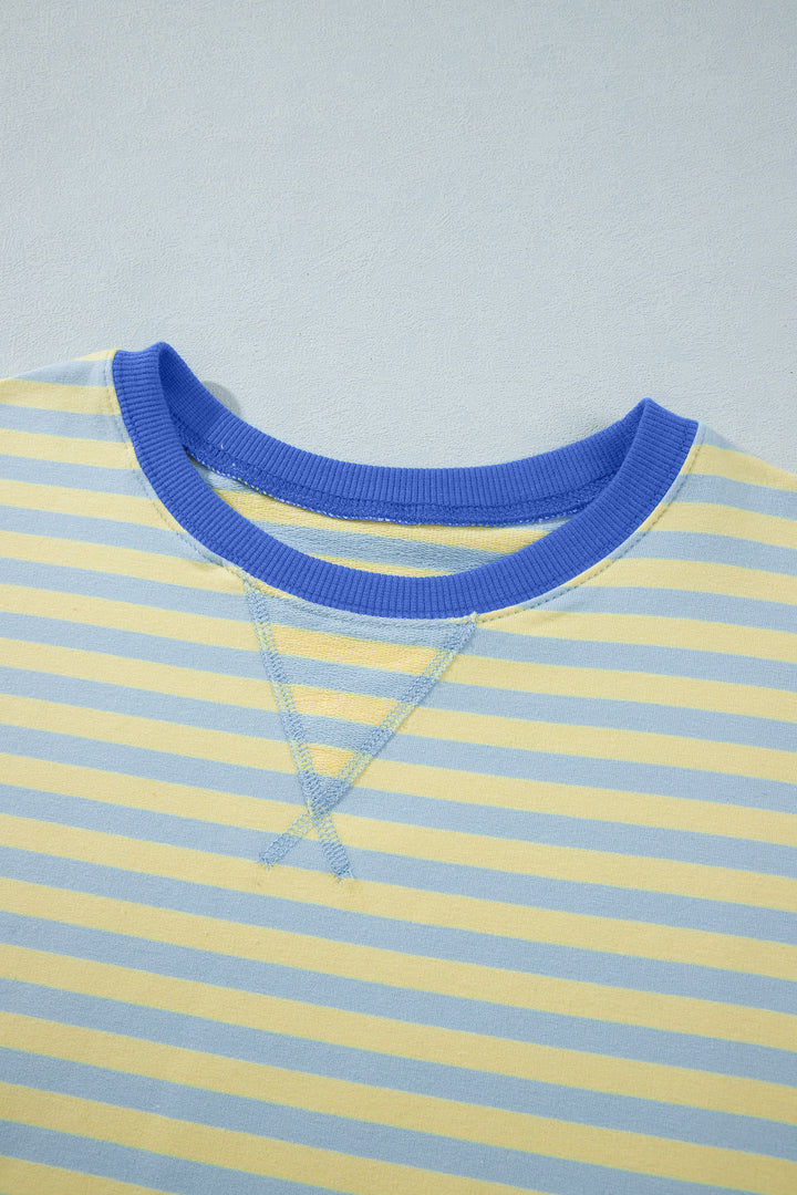 Yellow Stripe Colorblock Trim Crew Neck Loose Tee Drawstring Elastic Waist 2pcs Pant Set