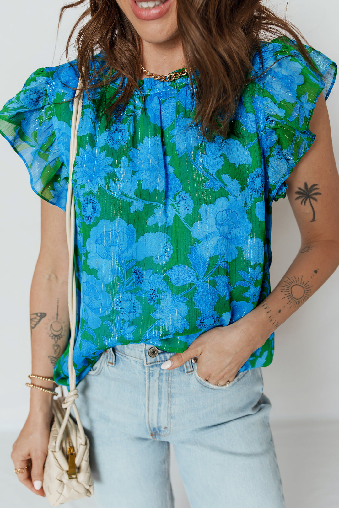 Green Floral Print Ruffled Sleeve Summer Blouse